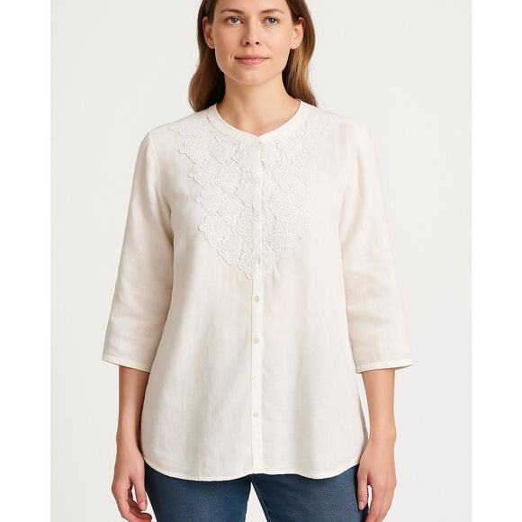 Soft Surroundings White Linen crochet Front Blouse Button Down pleated sleeves M - Picture 1 of 14